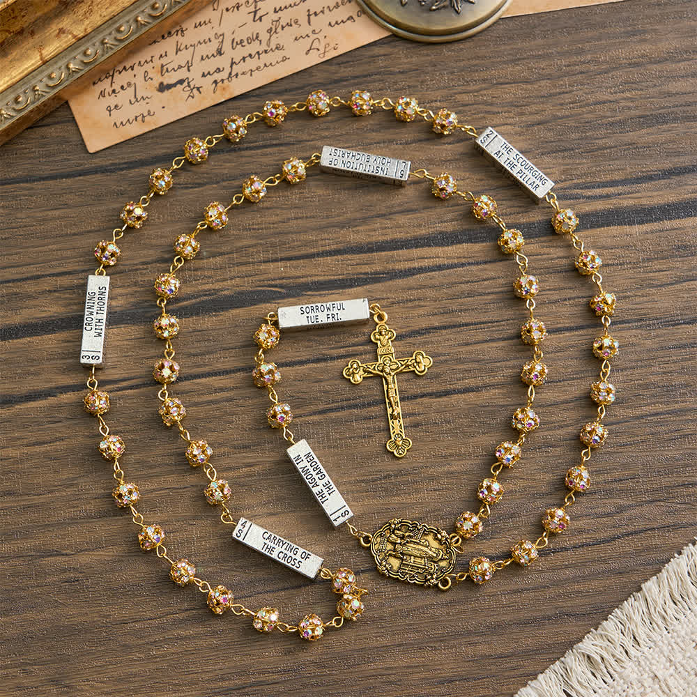 Christianartworkshop Rosario a sei tavolette con strass dorati e l'immagine della Madonna di Fatima - image 3