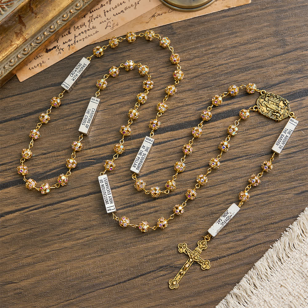 Christianartworkshop Rosario a sei tavolette con strass dorati e l'immagine della Madonna di Fatima - image 4