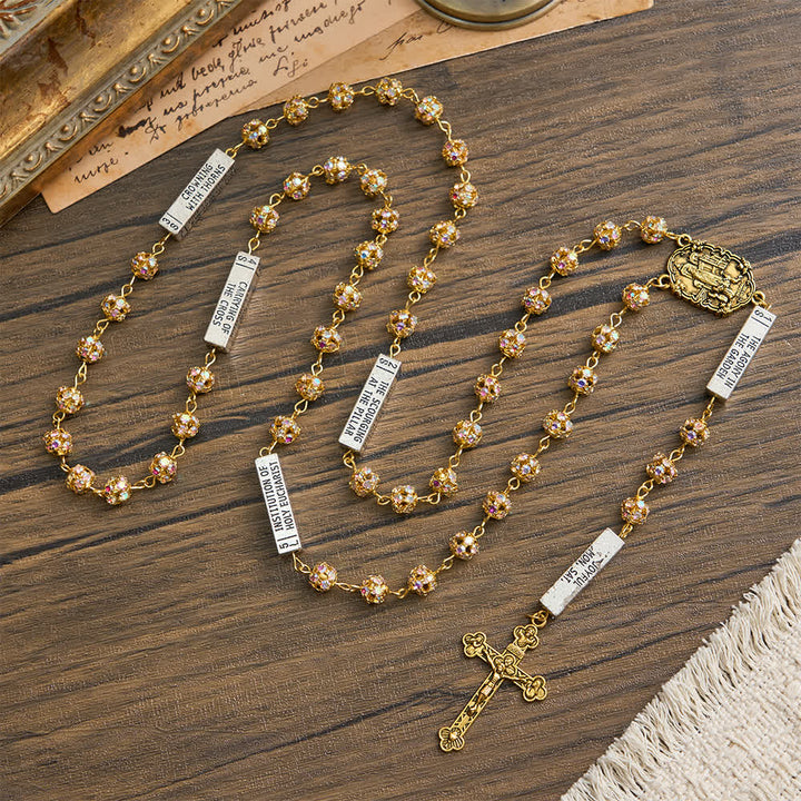Christianartworkshop Rosario a sei tavolette con strass dorati e l'immagine della Madonna di Fatima - image 4