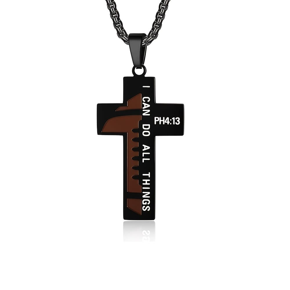 Christianartworkshop Collana con croce da calcio senza tempo, con incisione di una frase biblica e disponibile nelle versioni nera e argento. - Nero - image 0