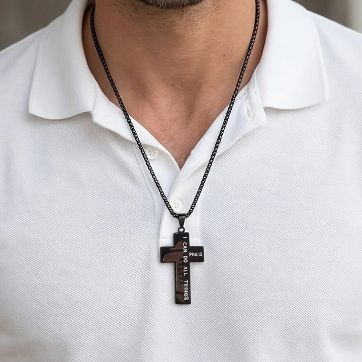 Christianartworkshop Collana con croce da calcio senza tempo, con incisione di una frase biblica e disponibile nelle versioni nera e argento. - image 2
