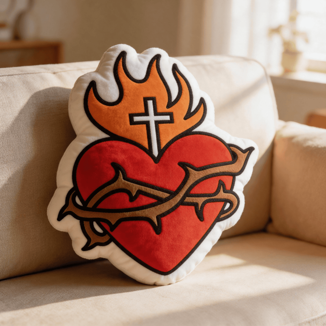 Christianartworkshop Cuscino decorativo religioso a forma di Sacro Cuore, croce, fiamma e corona di spine - 24" (60 cm) - image 0