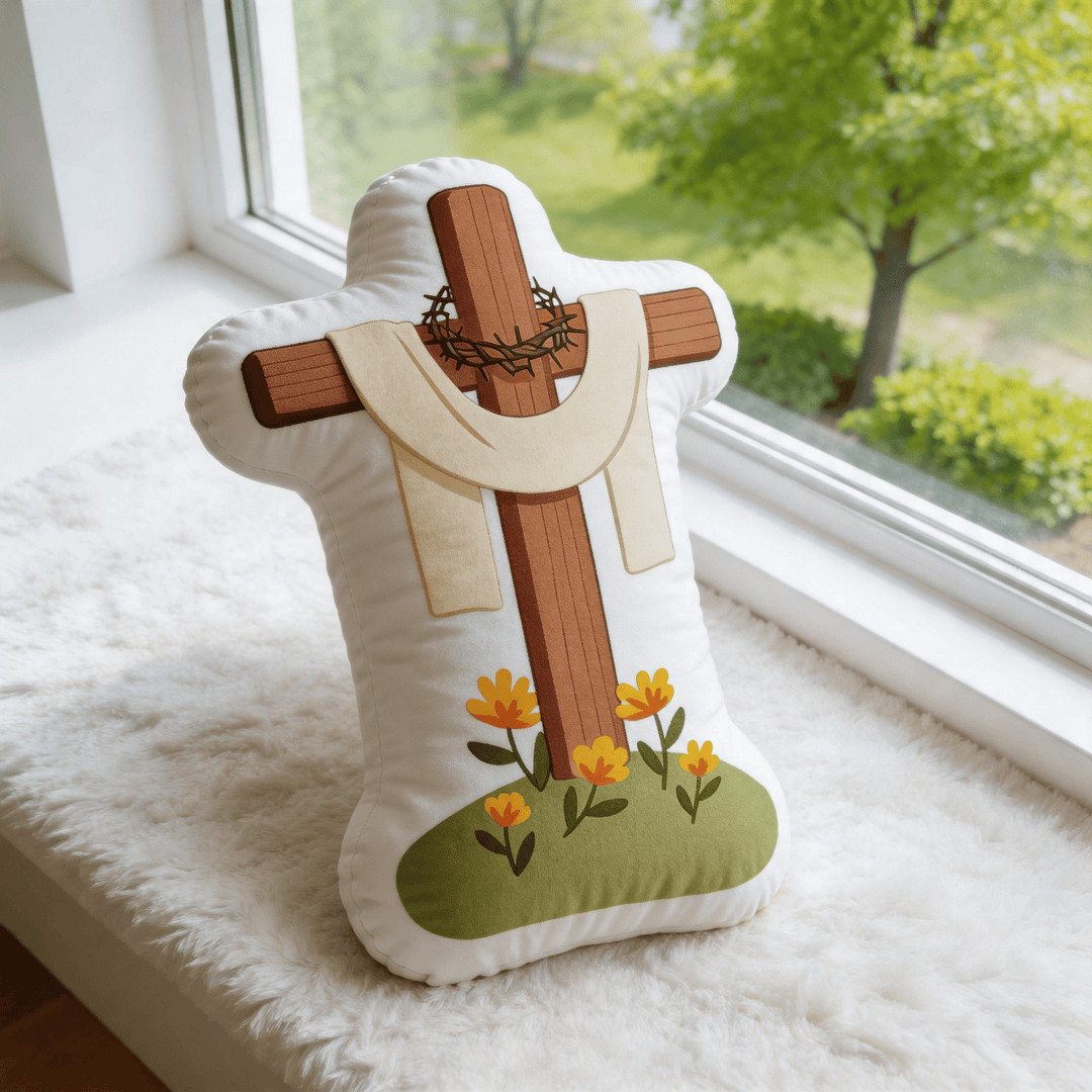 Christianartworkshop Cuscino decorativo di ispirazione religiosa con croce floreale, corona di spine e drappeggio in tessuto. - 24" (60 cm) - image 0