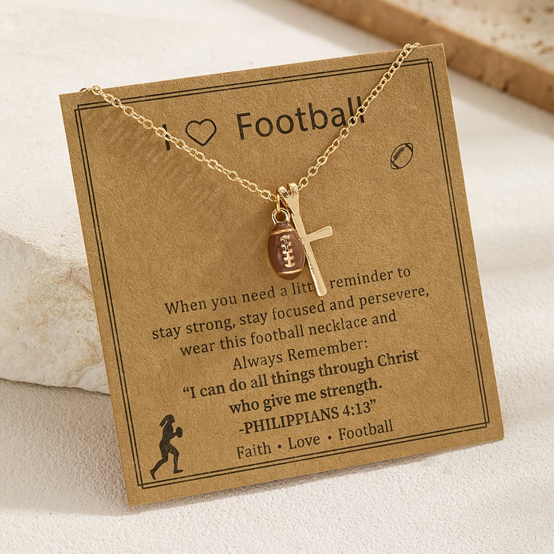 Christianartworkshop Collana con ciondolo a forma di palla sportiva e croce con versetto di Filippesi 4:13: un simbolo di fede e forza atletica. - Rugby - image 1