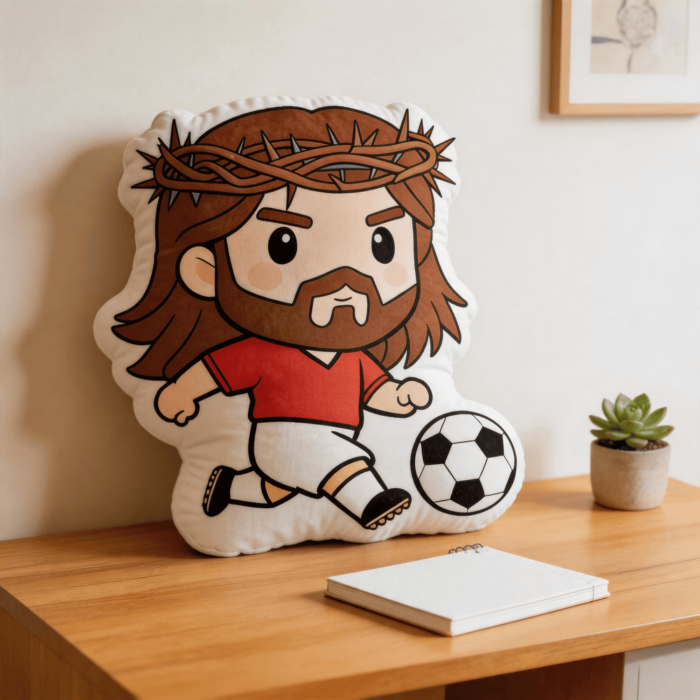 Christianartworkshop Cuscino decorativo a forma di Gesù dei cartoni animati che gioca a calcio con una corona di spine - image 1