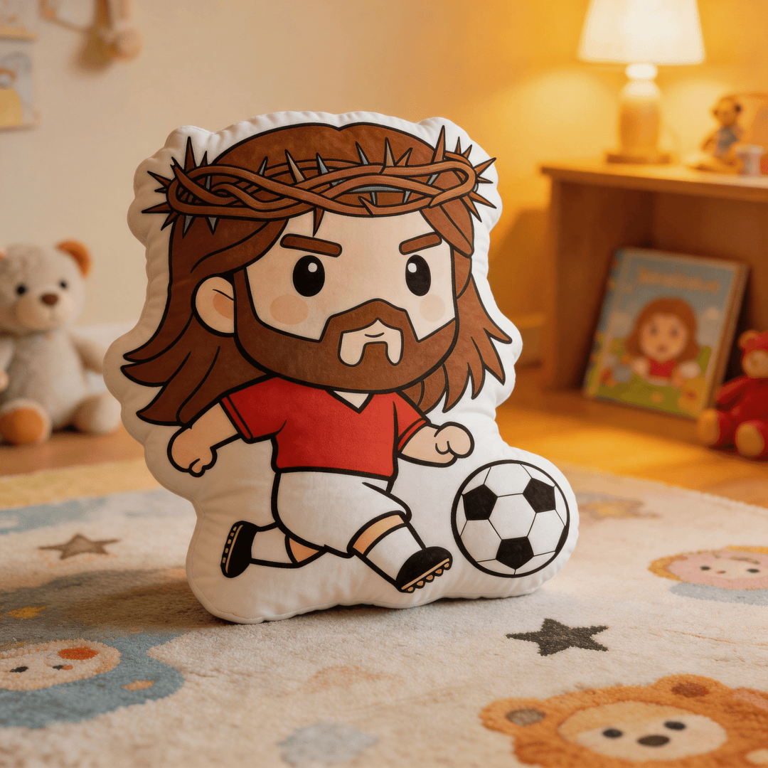 Christianartworkshop Cuscino decorativo a forma di Gesù dei cartoni animati che gioca a calcio con una corona di spine - image 2