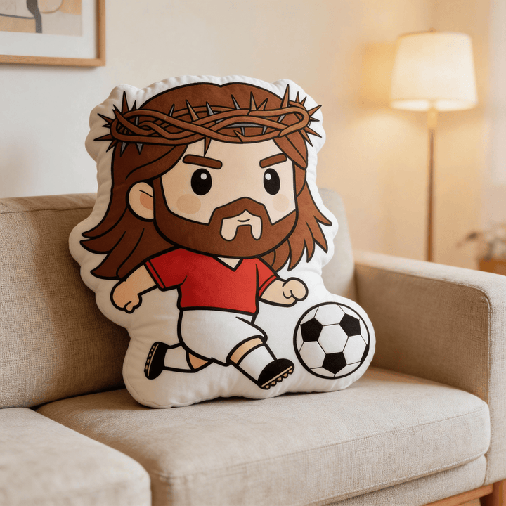 Christianartworkshop Cuscino decorativo a forma di Gesù dei cartoni animati che gioca a calcio con una corona di spine - image 5