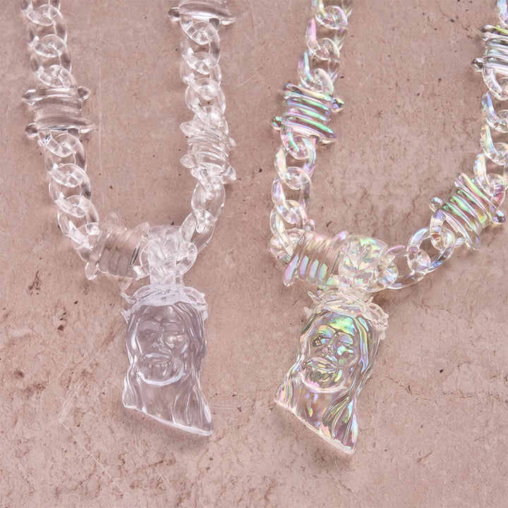 Christianartworkshop Collana con Gesù in acrilico iridescente e catena spessa con punte: un simbolo quotidiano di forza e speranza. - image 1