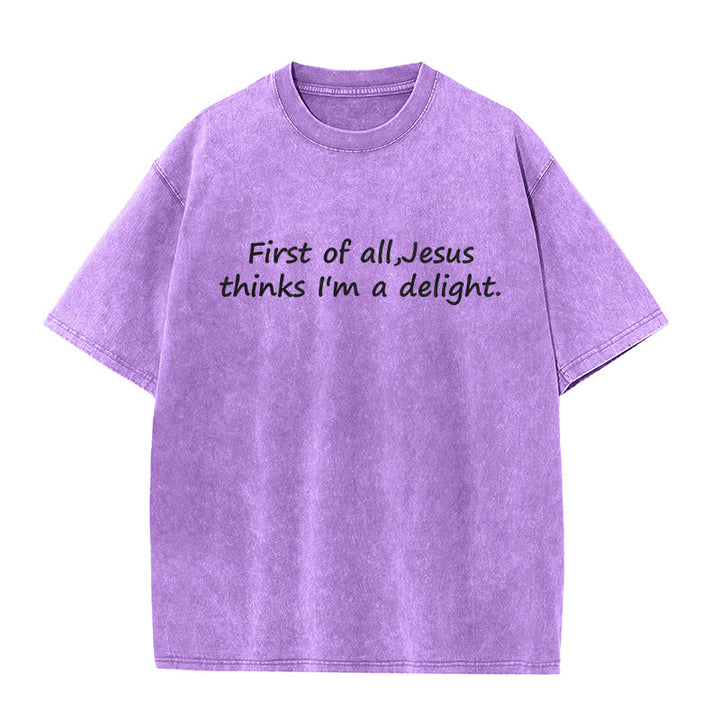 Christianartworkshop Maglietta unisex con citazione religiosa "Prima di tutto, Gesù pensa che io sia una delizia" - Viola - 5XL - image 6