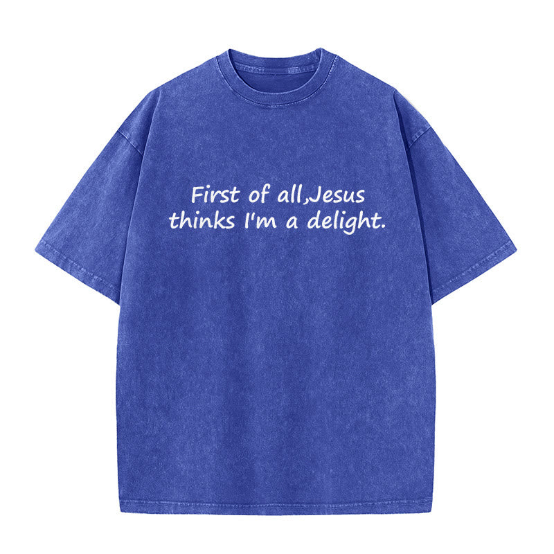 Christianartworkshop Maglietta unisex con citazione religiosa "Prima di tutto, Gesù pensa che io sia una delizia" - Blu - 5XL - image 7