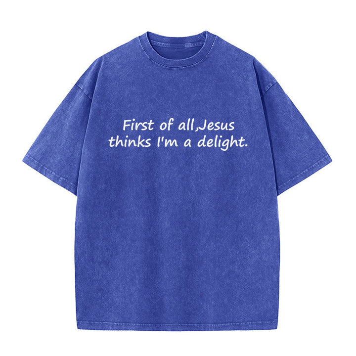 Christianartworkshop Maglietta unisex con citazione religiosa "Prima di tutto, Gesù pensa che io sia una delizia" - Blu - 5XL - image 7