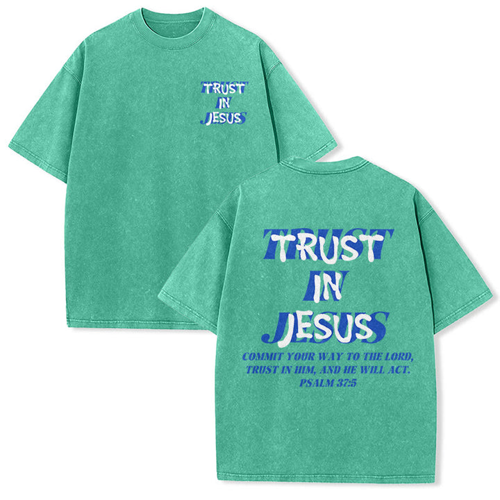 Christianartworkshop Confida in Gesù Salmo 37 5 Stampa fronte e retro T-shirt unisex lavata - Verde - 5XL - image 9