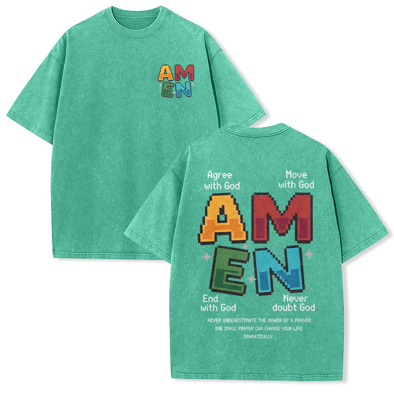 Christianartworkshop Amen Pixel Art Agree Move End Never Acronym Front And Back Print Washed T-Shirt - Verde - 5XL - image 12