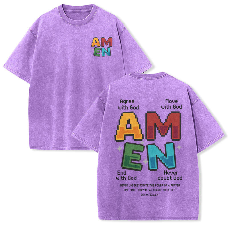 Christianartworkshop Amen Pixel Art Agree Move End Never Acronym Front And Back Print Washed T-Shirt - Viola - 5XL - image 18