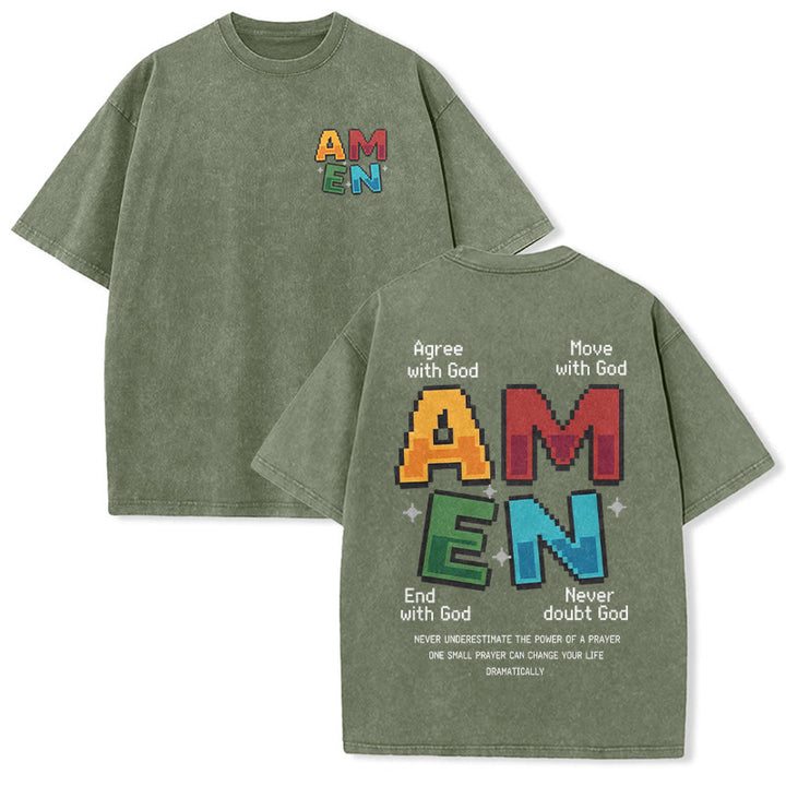 Christianartworkshop Amen Pixel Art Agree Move End Never Acronym Front And Back Print Washed T-Shirt - Verde militare - 5XL - image 9