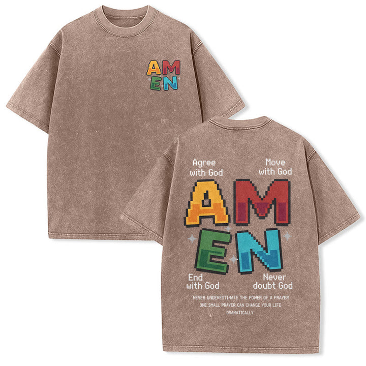 Christianartworkshop Amen Pixel Art Agree Move End Never Acronym Front And Back Print Washed T-Shirt - Marrone - 5XL - image 0