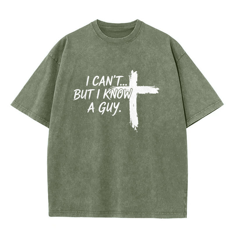 Christianartworkshop Non posso, ma conosco un ragazzo. Divertente citazione sulla fede con croce a pennellate. Maglietta lavata. - Verde militare - 5XL - image 2