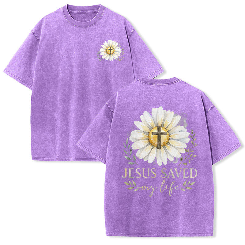 Christianartworkshop Maglietta lavata con stampa "Gesù mi ha salvato la vita" con margherite ad acquerello e croce, fronte e retro. - Viola - 5XL - image 18