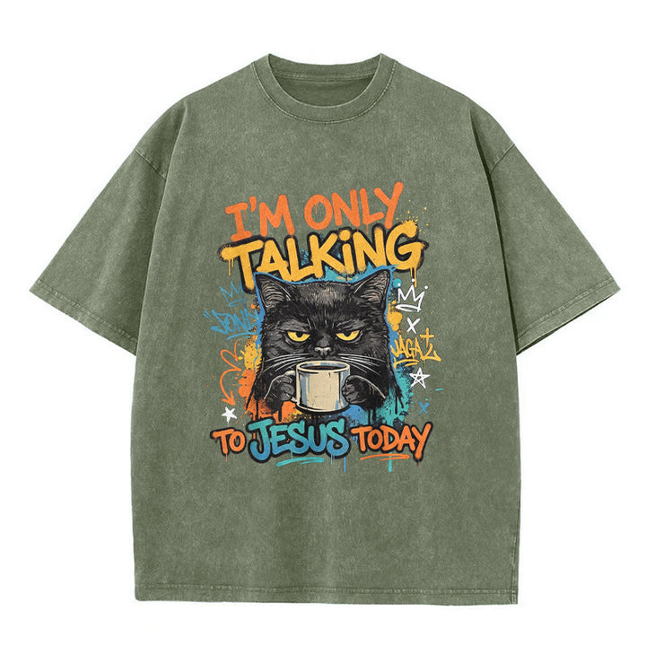 Christianartworkshop Oggi parlo solo con Gesù - Maglietta unisex con stampa graffiti di gatto e caffè lavato - Verde militare - 5XL - image 3