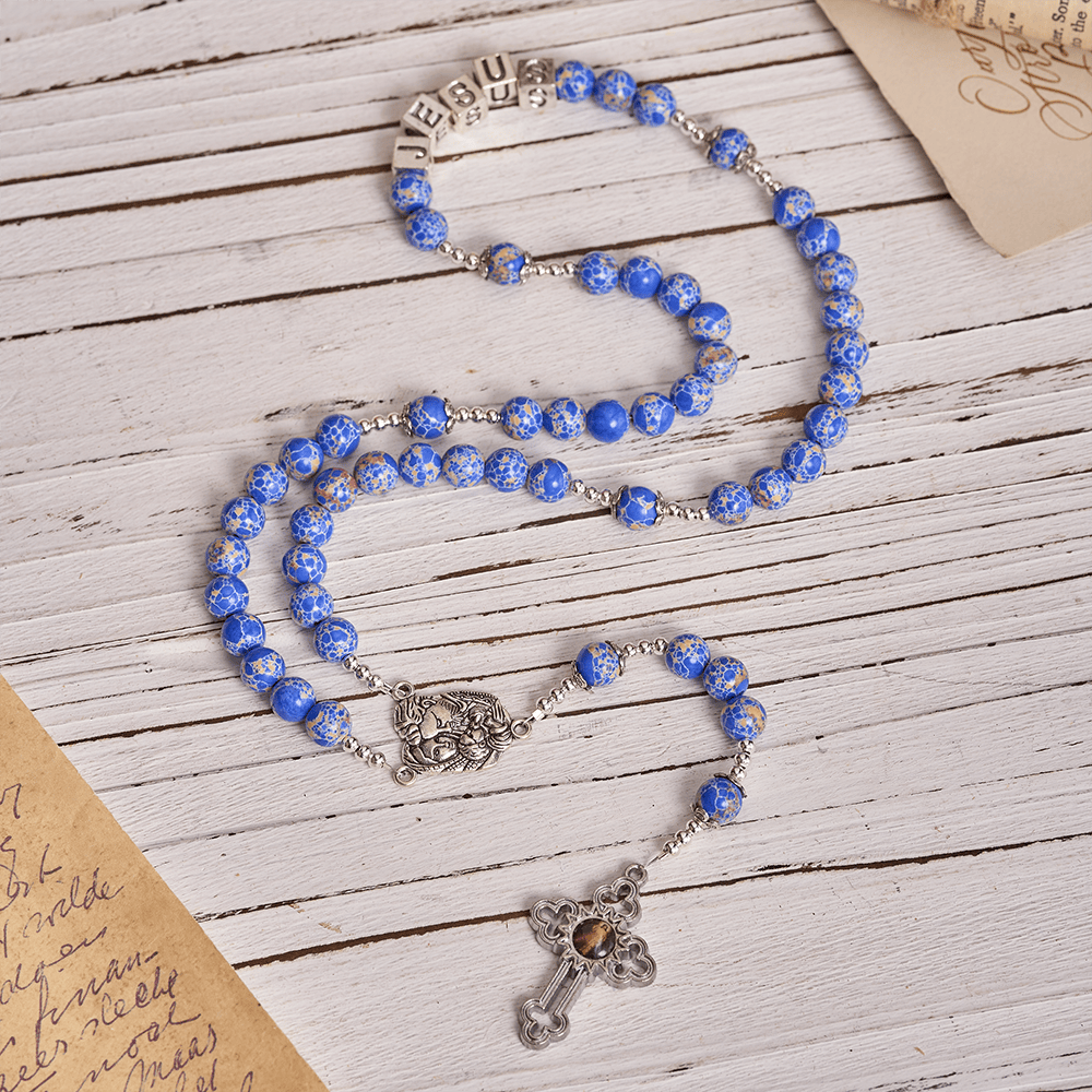 Christianartworkshop Rosario regale con pietra blu imperatore, Sacra Famiglia e croce della Divina Misericordia. - image 1