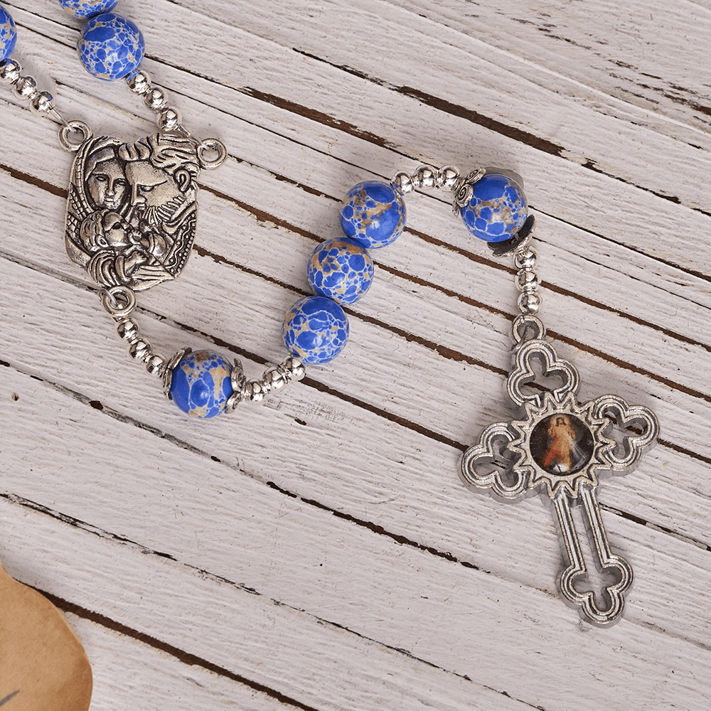 Christianartworkshop Rosario regale con pietra blu imperatore, Sacra Famiglia e croce della Divina Misericordia. - image 6