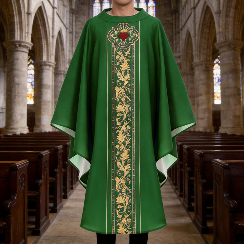 Christianartworkshop Casula con stemma del Sacro Cuore e grafica floreale a tralcio - Verde - Taglia unica adatta alla maggior parte delle persone - image 0