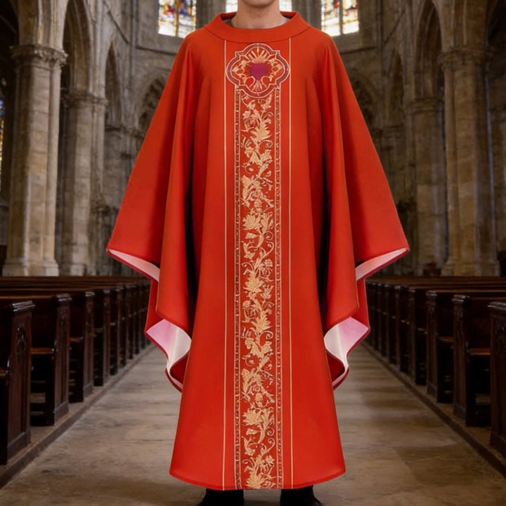 Christianartworkshop Casula con stemma del Sacro Cuore e grafica floreale a tralcio - Rosso - Taglia unica adatta alla maggior parte delle persone - image 3