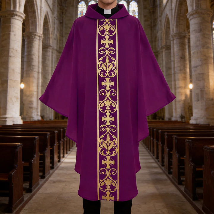 Christianartworkshop Elegante casula con croce centrale, tralcio floreale e spiga di grano - Viola - Taglia unica adatta alla maggior parte delle persone - image 13