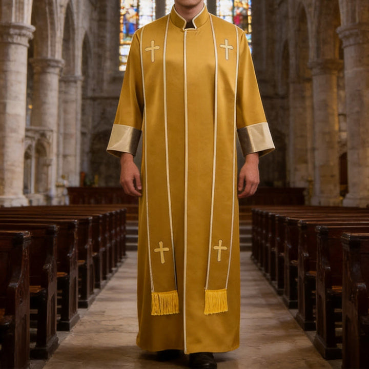 Christianartworkshop Abito tradizionale da pastore con croci verticali e finiture sulle maniche. Abito clericale. - Giallo - 3XL - image 28