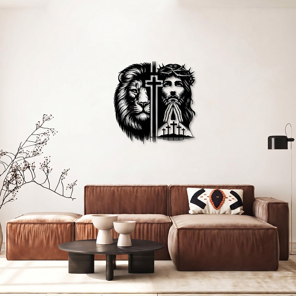 Christianartworkshop Decorazione murale in metallo con silhouette divisa raffigurante il Leone di Giuda e Gesù con la corona di spine. - image 3