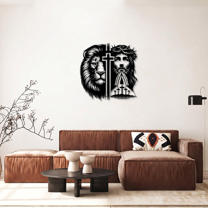 Christianartworkshop Decorazione murale in metallo con silhouette divisa raffigurante il Leone di Giuda e Gesù con la corona di spine. - image 3