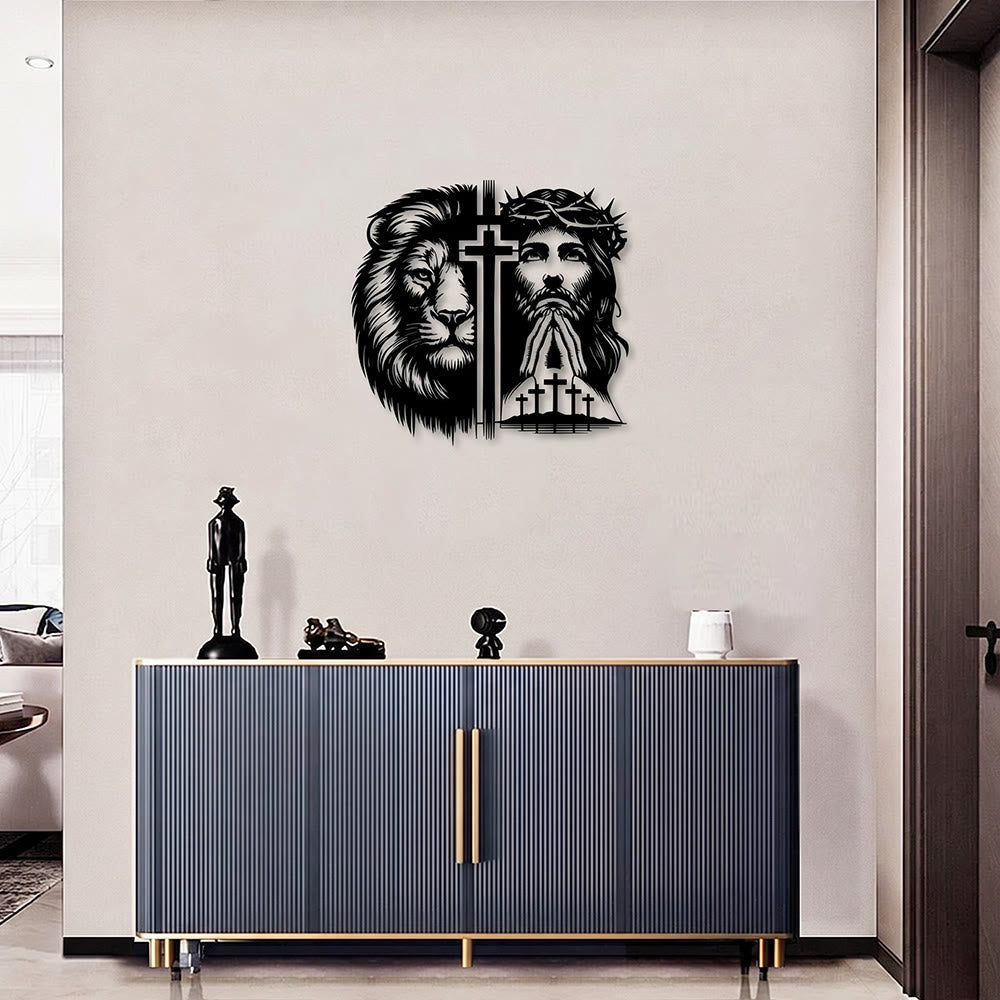 Christianartworkshop Decorazione murale in metallo con silhouette divisa raffigurante il Leone di Giuda e Gesù con la corona di spine. - image 0