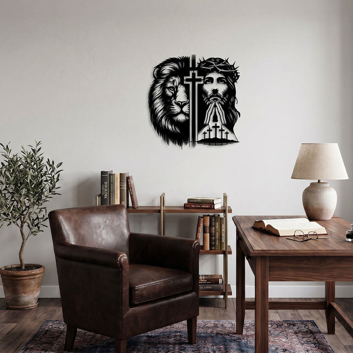 Christianartworkshop - Decorazione murale in metallo con silhouette divisa del Leone di Giuda e di Gesù con corona di spine - image 1
