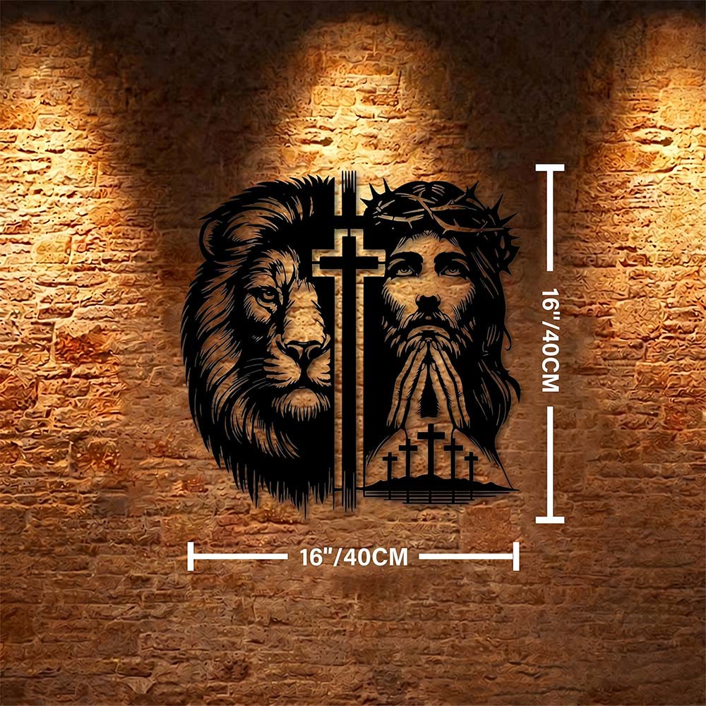 Christianartworkshop Decorazione murale in metallo con silhouette divisa raffigurante il Leone di Giuda e Gesù con la corona di spine. - 15,75''*15,75''*0,04''/40*40*0,1 cm - image 6