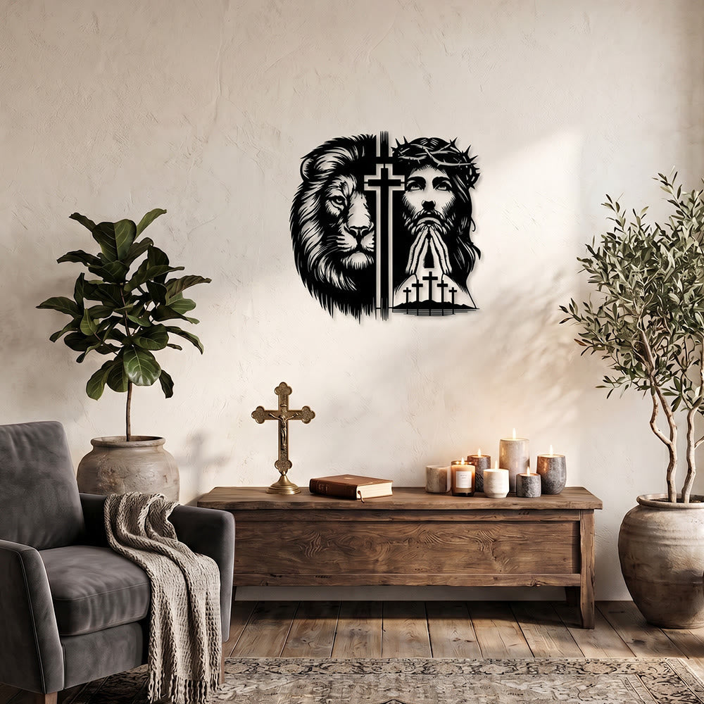 Christianartworkshop Decorazione murale in metallo con silhouette divisa raffigurante il Leone di Giuda e Gesù con la corona di spine. - image 2