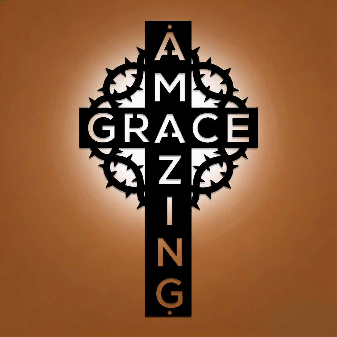 Christianartworkshop Decorazione murale in metallo con croce e corona di spine "Amazing Grace": una testimonianza di amore redentore. - image 0