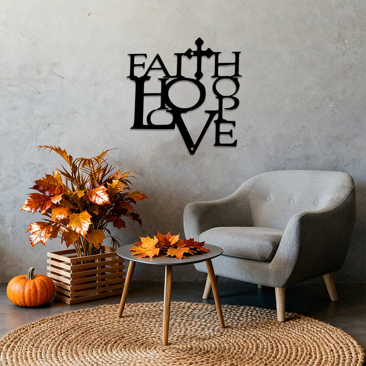 Christianartworkshop Decorazione murale in metallo integrata con croce "Fede Amore": una dichiarazione dei valori cristiani fondamentali. - image 1