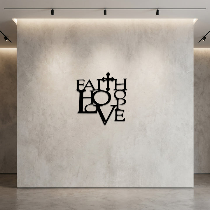 Christianartworkshop Decorazione murale in metallo integrata con croce "Fede Amore": una dichiarazione dei valori cristiani fondamentali. - image 2
