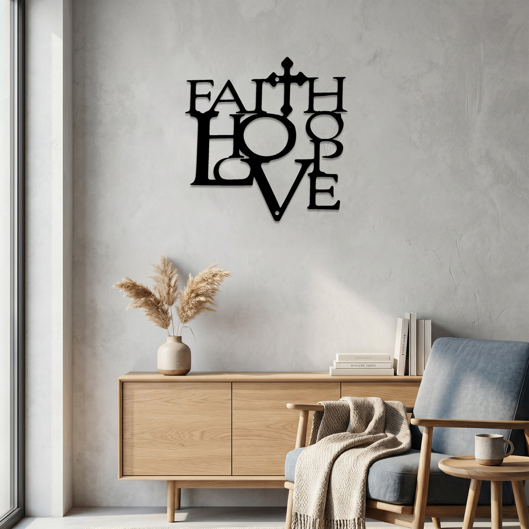 Christianartworkshop Decorazione murale in metallo integrata con croce "Fede Amore": una dichiarazione dei valori cristiani fondamentali. - image 3