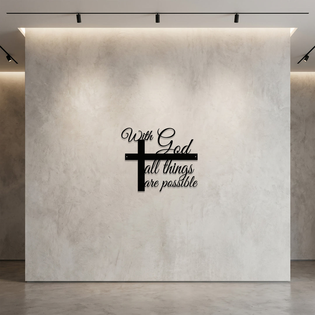 Christianartworkshop Con Dio tutto è possibile. Decorazione murale in metallo con croce integrata in corsivo: un'elegante dichiarazione di fede. - image 2