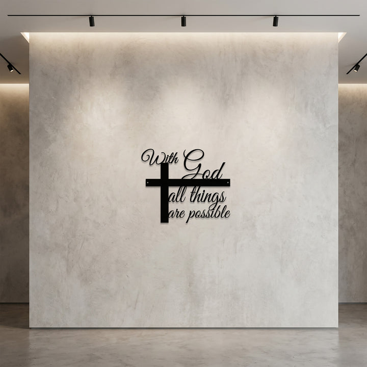Christianartworkshop Con Dio tutto è possibile. Decorazione murale in metallo con croce integrata in corsivo: un'elegante dichiarazione di fede. - image 2