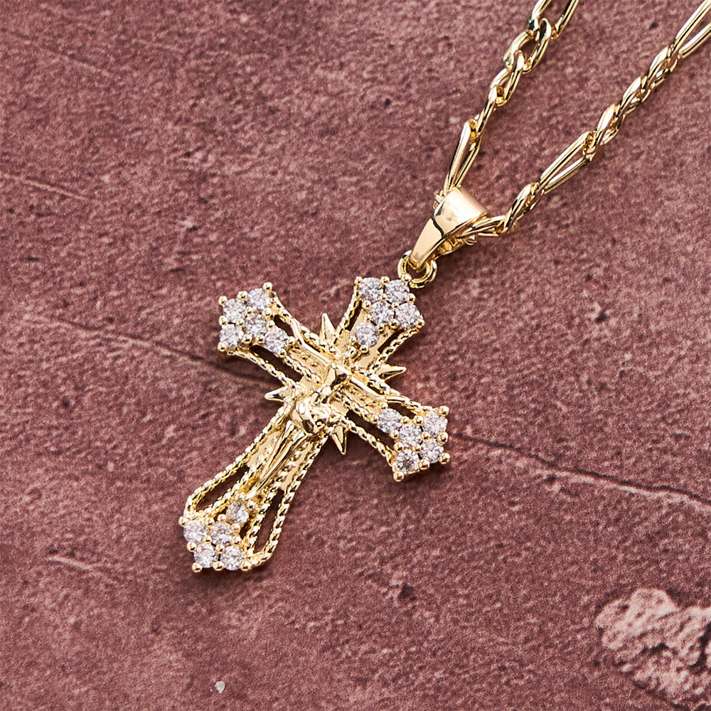 Christianartworkshop Collana con ciondolo a croce in zirconi e catena Figaro: simbolo di sacra devozione. - Crocifisso - image 0