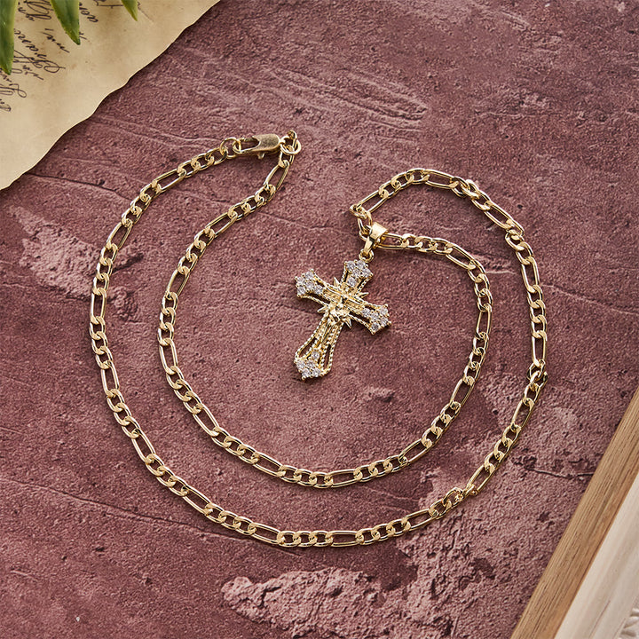 Christianartworkshop Collana con ciondolo a croce in zirconi e catena Figaro: simbolo di sacra devozione. - image 1