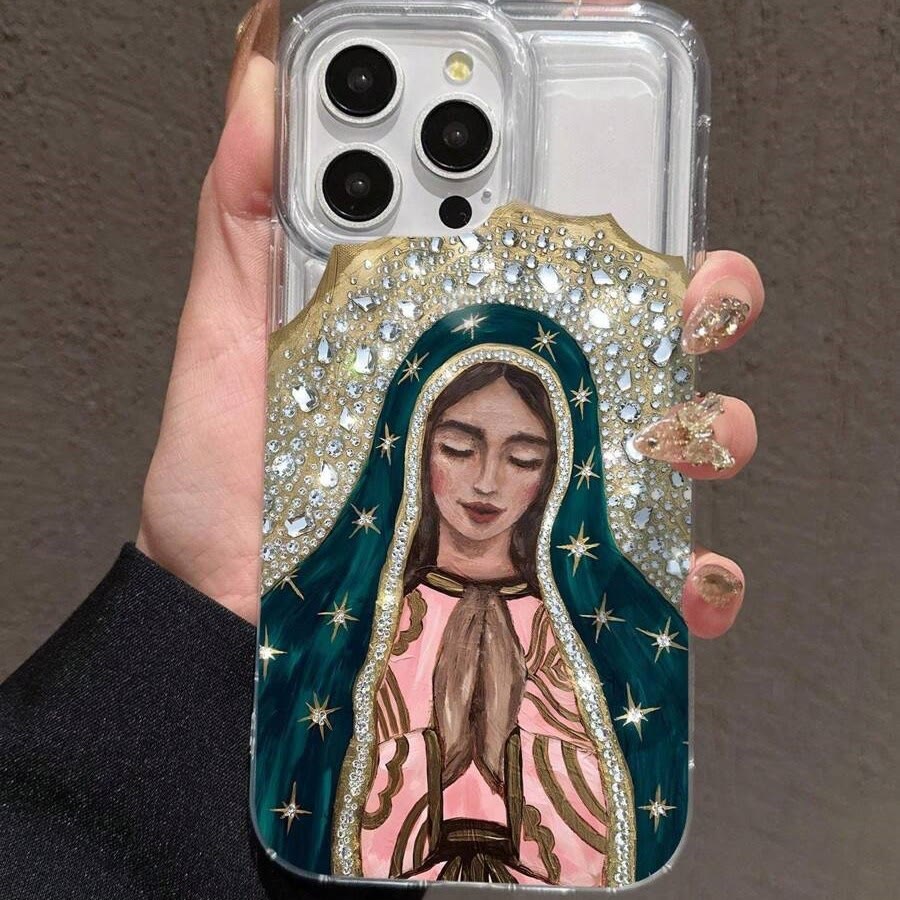 Christianartworkshop Cover per cellulare artistica con l'immagine della Vergine di Guadalupe e aureola di cristallo: un promemoria della grazia celeste. - image 1