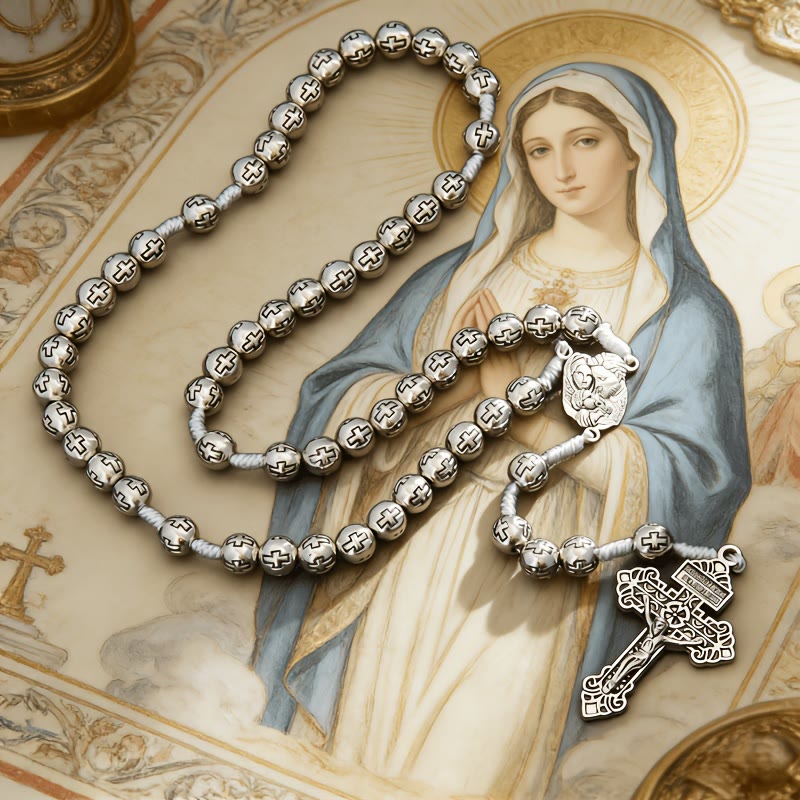 Christianartworkshop Rosario del Centro della Sacra Famiglia con Crocifisso e grani incisi con la Croce: simbolo di sacra devozione. - Sacra Famiglia e Crocifisso - image 0