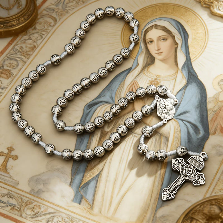 Christianartworkshop Rosario del Centro della Sacra Famiglia con Crocifisso e grani incisi con la Croce: simbolo di sacra devozione. - Sacra Famiglia e Crocifisso - image 0