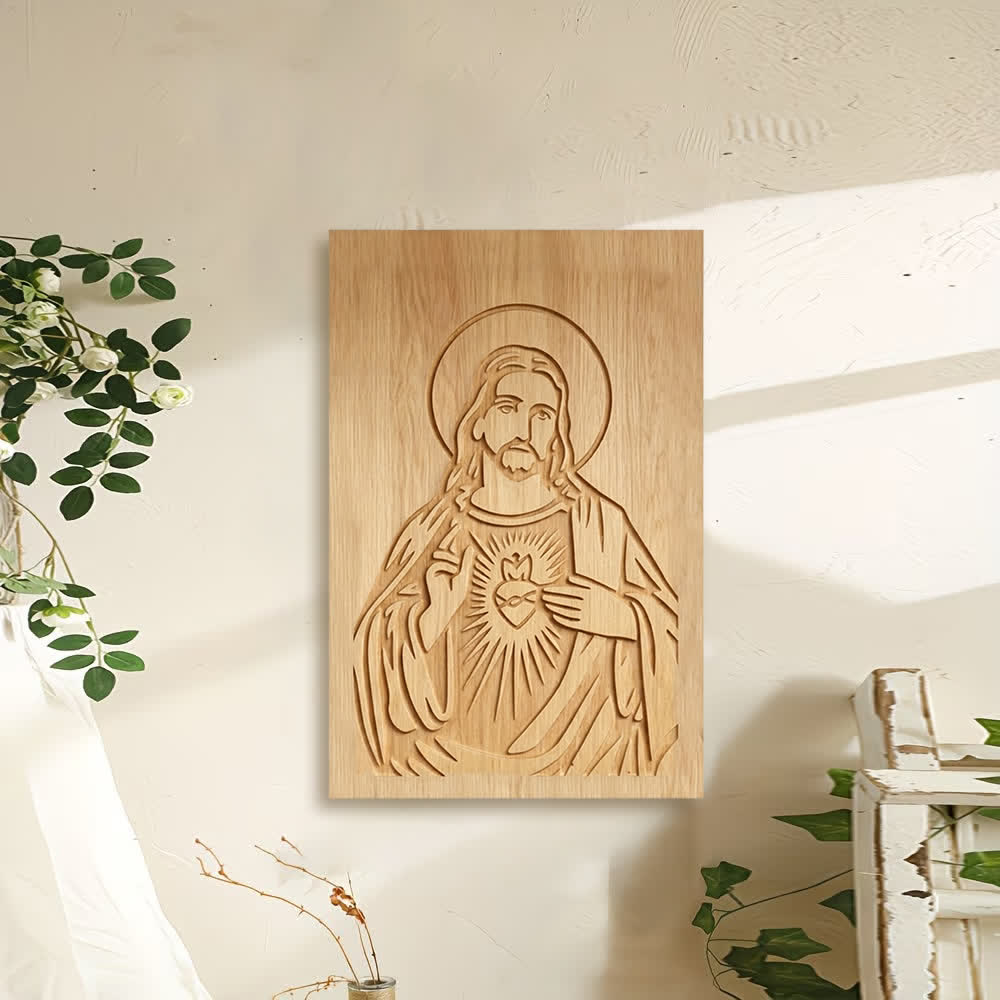 Christianartworkshop Decorazione murale rustica in legno con il Sacro Cuore di Gesù per la casa. - image 1
