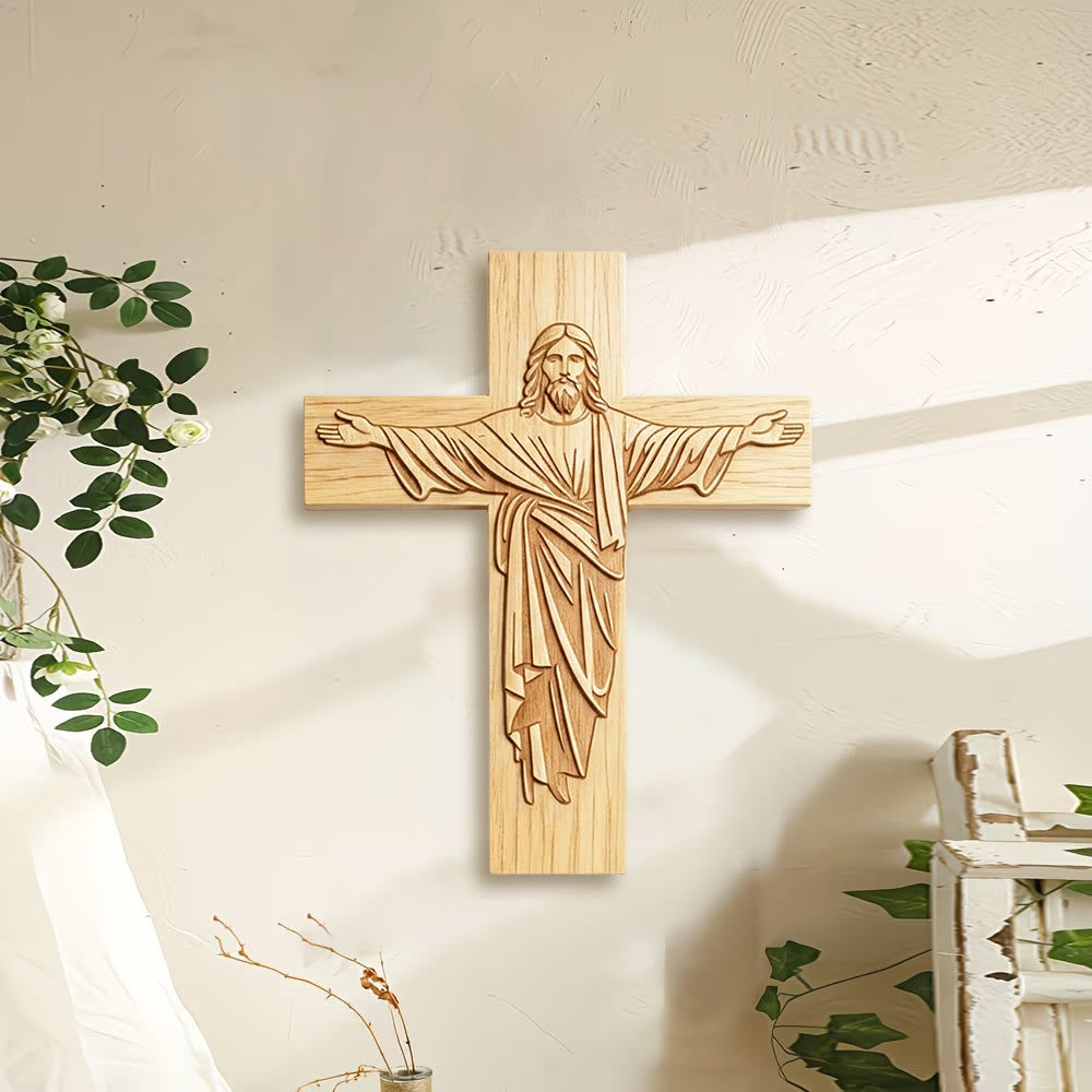 Christianartworkshop Targa in legno con croce di Gesù dal design classico e minimalista, con braccia aperte: un simbolo di devozione senza tempo. - image 1