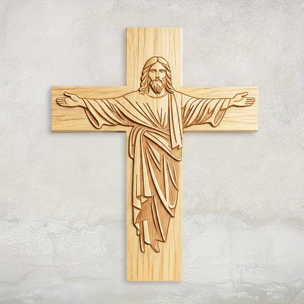 Christianartworkshop Targa in legno con croce di Gesù dal design classico e minimalista, con braccia aperte: un simbolo di devozione senza tempo. - 15,75''*19,69''*0,2''/40*50*0,5 cm - image 0