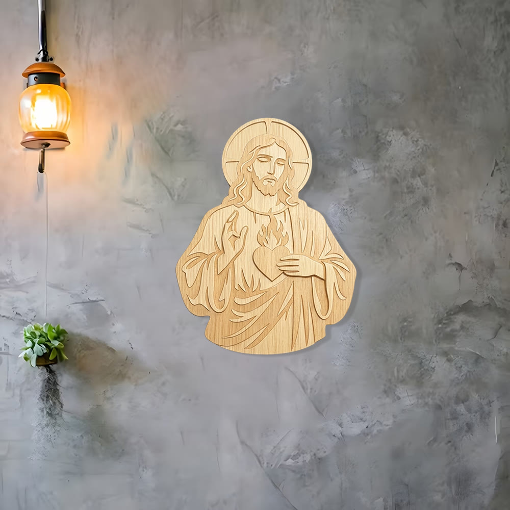 Christianartworkshop Decorazione murale in legno intagliato raffigurante il Sacro Cuore di Gesù: un simbolo dell'amore divino. - image 1